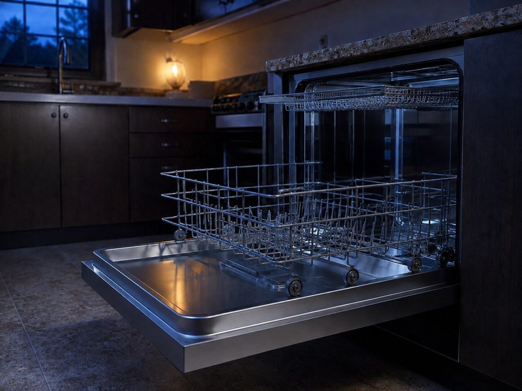 A dishwasher door open to horizontal in a dark kitchen with the lower rack halfway out, a plain stainless front in a dark cabinet run