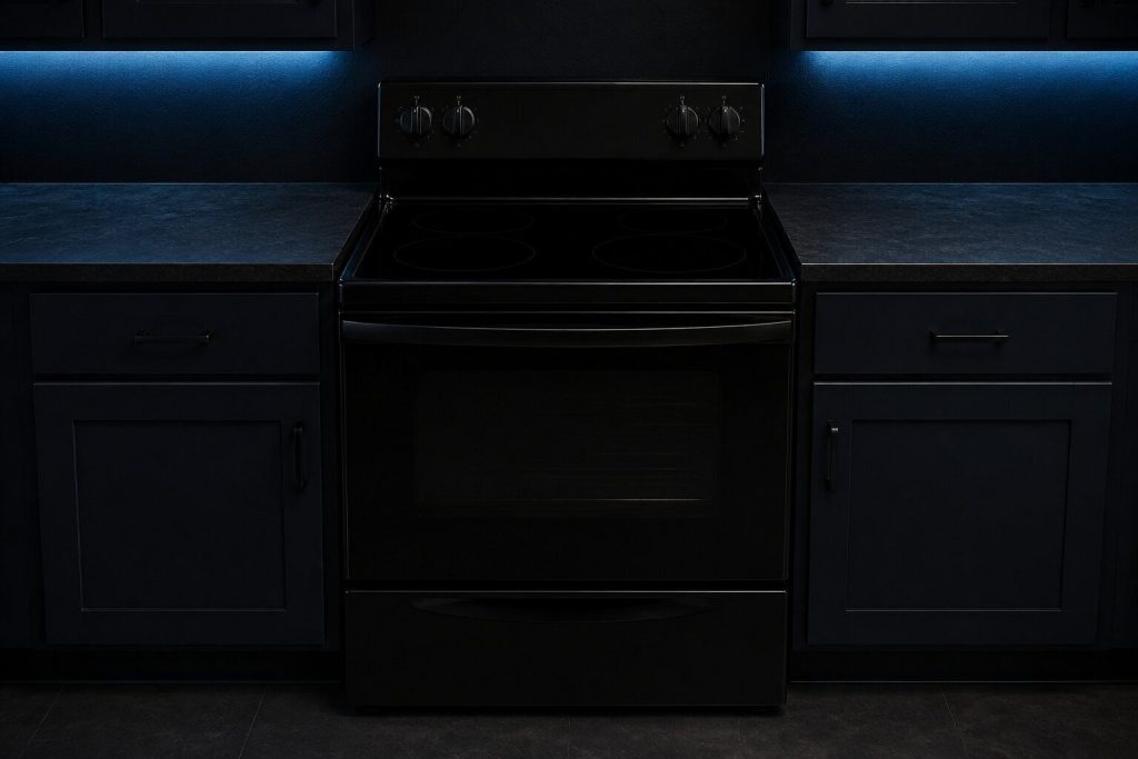A freestanding electric range standing between two runs of dark base cabinets in a near-black kitchen at night, its smooth black ceramic top empty and unlit, the oven door closed, a plain back console with unreadable knobs.
