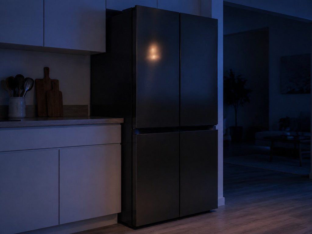 A tall four-door French door refrigerator standing flush at the end of a run of slab-front cabinets in an evening kitchen