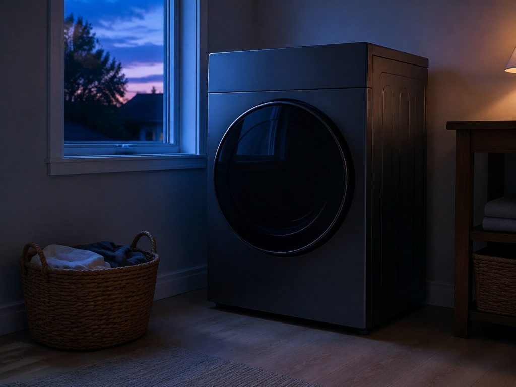 A front-load dryer beside a small laundry-room window at dusk, blue light across its flat front