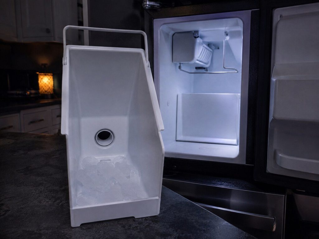 The ice storage bin lifted out of a refrigerator with the empty ice compartment behind it