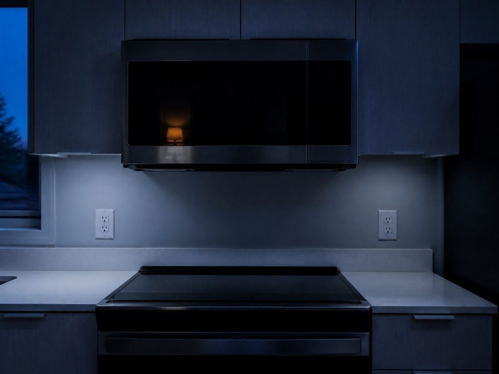 An over-the-range microwave mounted above a cooktop in a dark kitchen at night