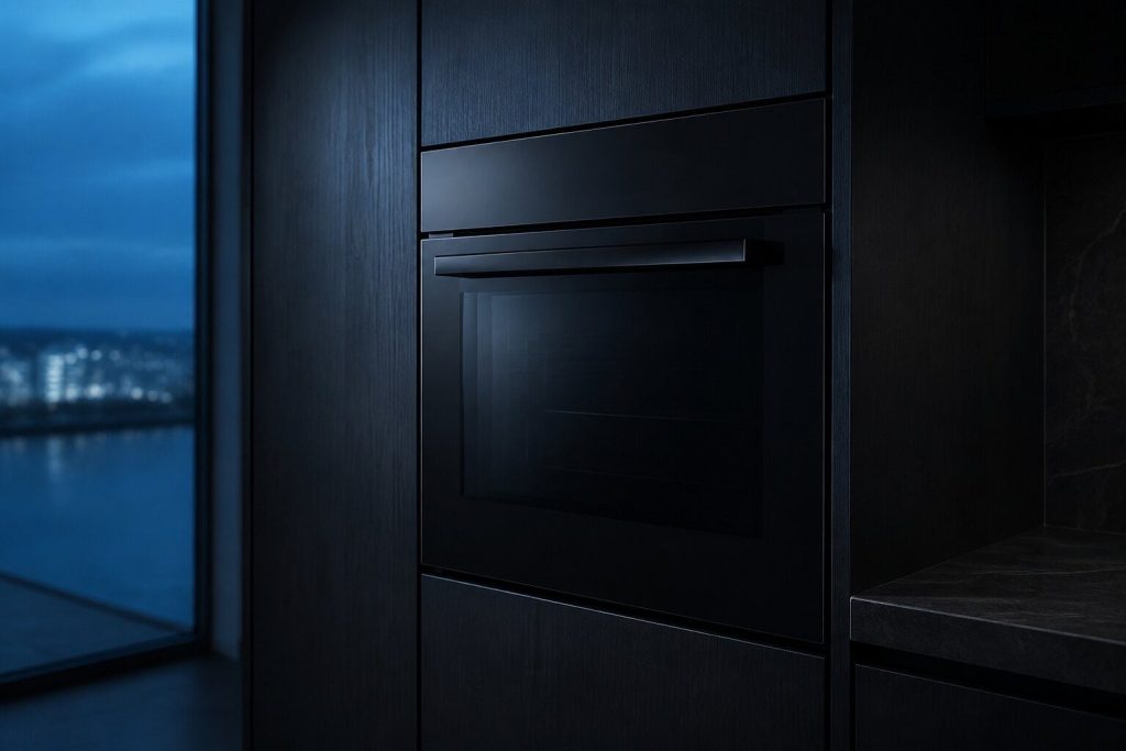A single built-in wall oven set at chest height into a tall column of near-black cabinetry, door closed, plain handle, the glass dark and the fascia unreadable.