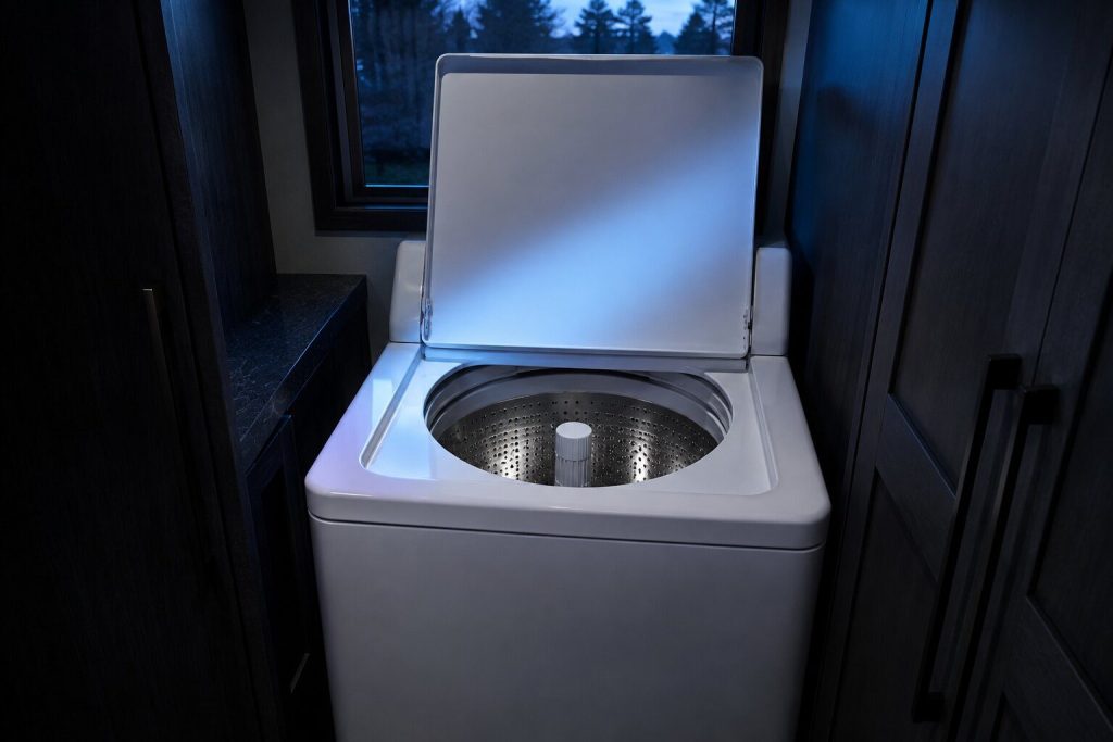 A white top-load washing machine standing in a narrow laundry closet at dusk with its lid raised, an empty stainless basket below and a tall finned center agitator post rising from the middle of it.