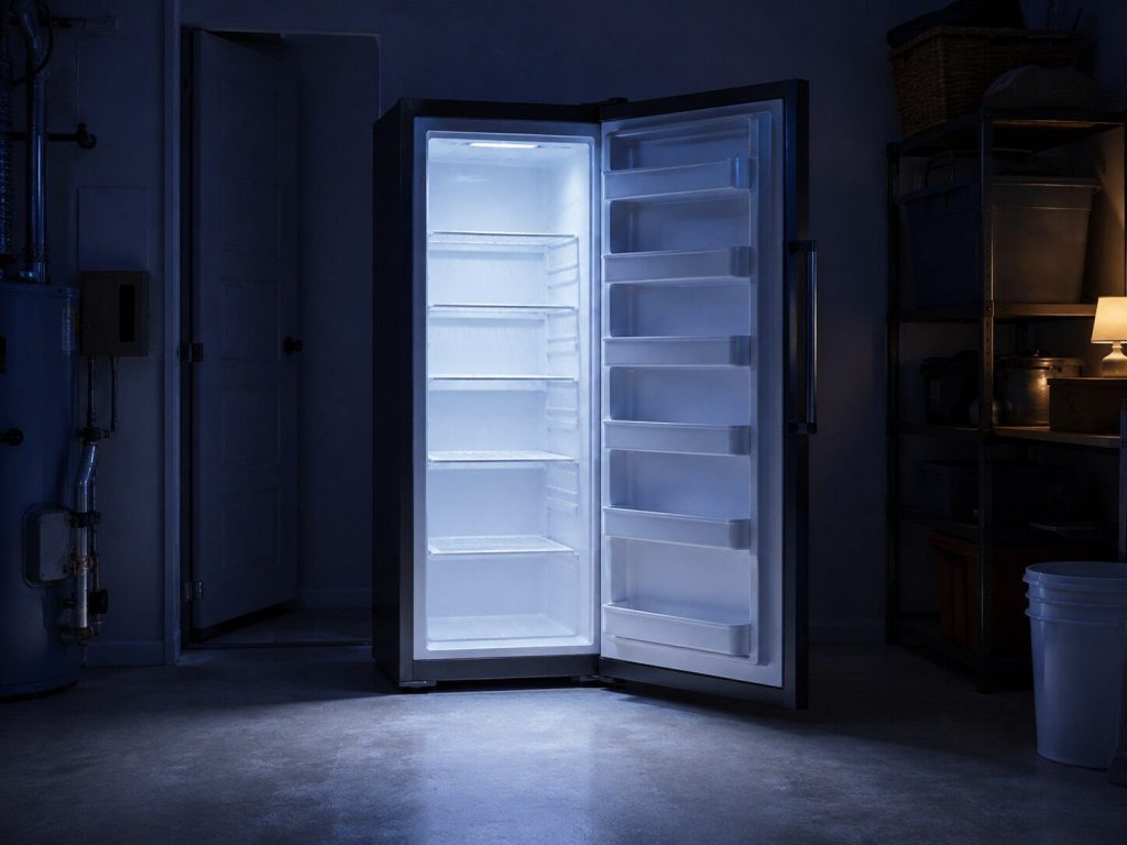 A tall single-door upright freezer standing against a utility-room wall with its door open on empty shelves