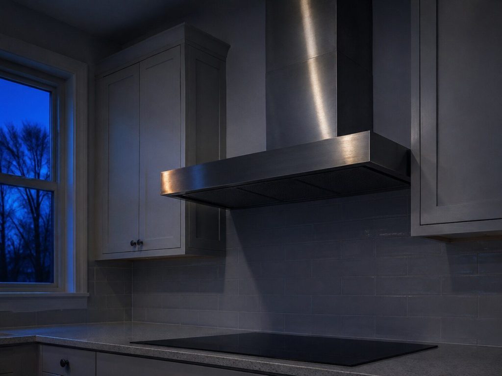 A wall-mounted stainless chimney hood above an empty cooktop, seen from below along its underside and flue