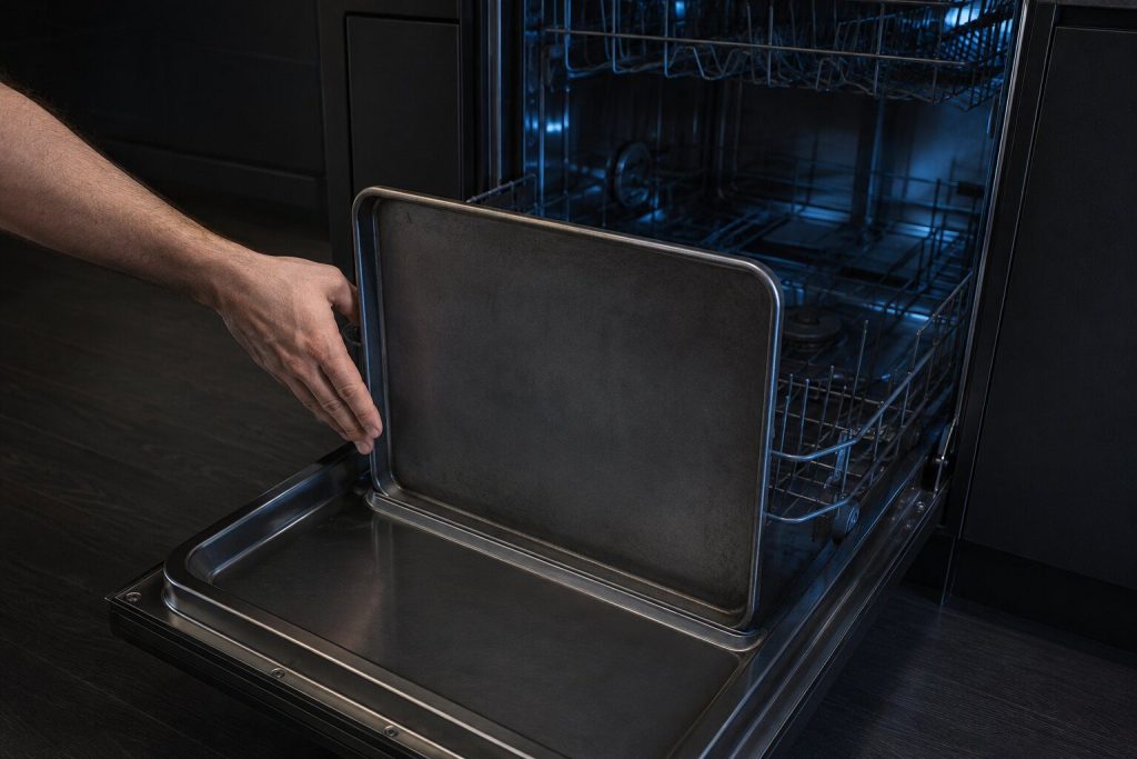 A large flat baking sheet standing on edge in the front of a dishwasher's lower rack and leaning against the inside of the open door, a hand about to move it, the seal along the door edge visible where it is held clear.