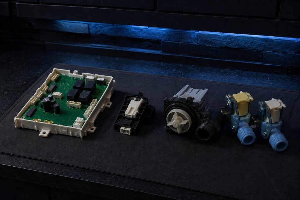A control board lying on a dark mat with a lid lock switch, a drain pump and an inlet valve set out in a row beside it, all five items unbranded and unlit, one lamp low and to the side.