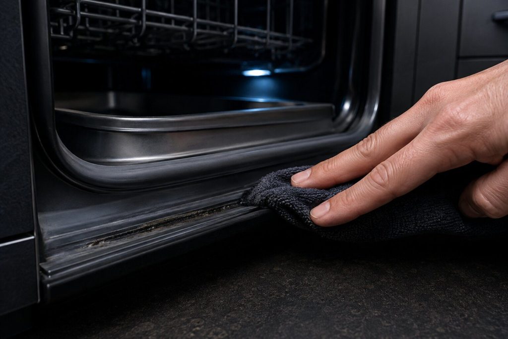 Two fingers pushing a cloth into the fold of the door seal along the bottom edge of an open dishwasher door in a near-black kitchen, a dark line of residue ahead of the cloth and clean rubber behind it.
