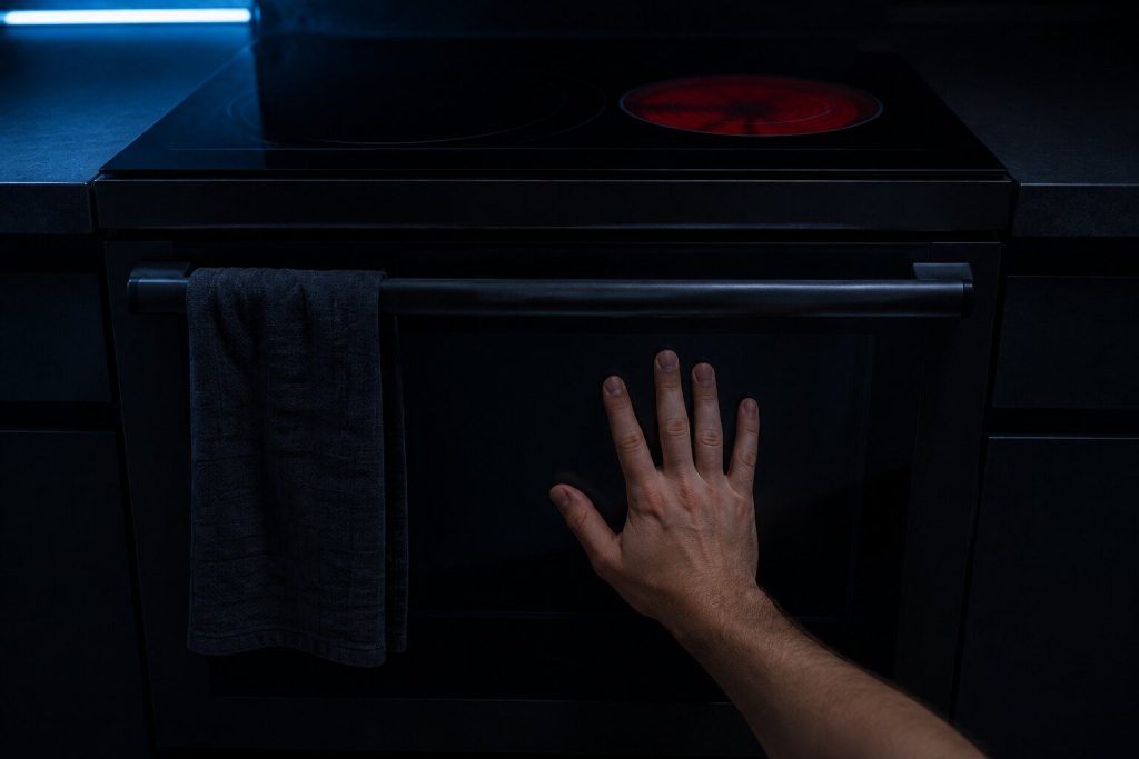 The back of a hand laid flat against the glass of a closed oven door in a near-black kitchen with the cavity dark and unlit, a kitchen towel over the handle and the cooktop above showing one dull glowing radiant zone.