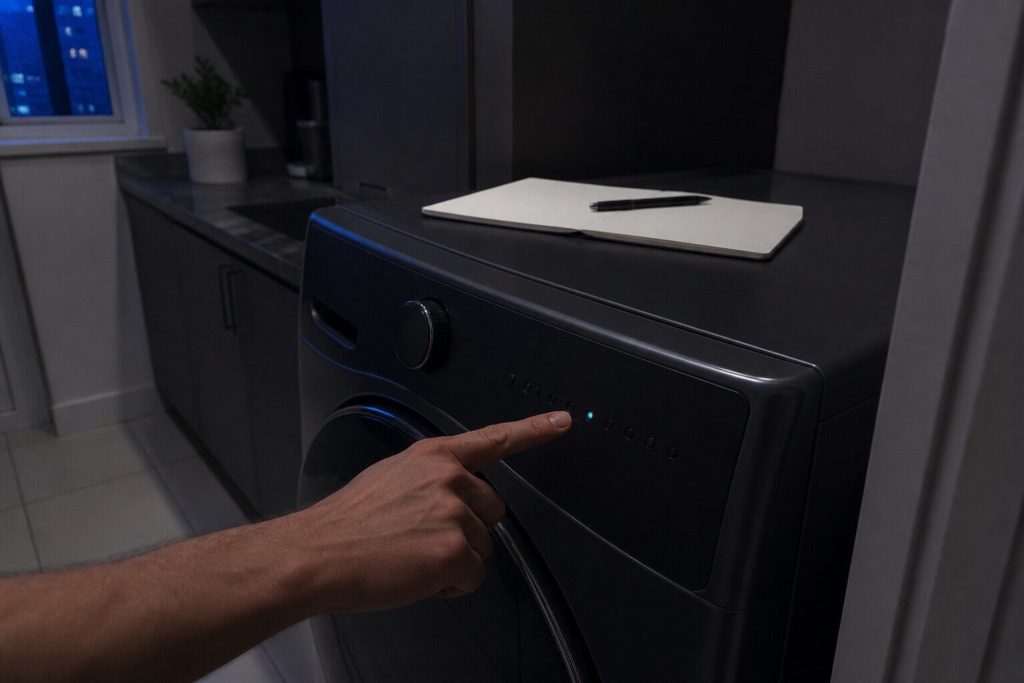 A finger pointing at one lit indicator lamp in a row on a control panel in a dark room with a notebook and pen beside it. Counting the pattern before the reset erases it is the request this page makes of the reader.