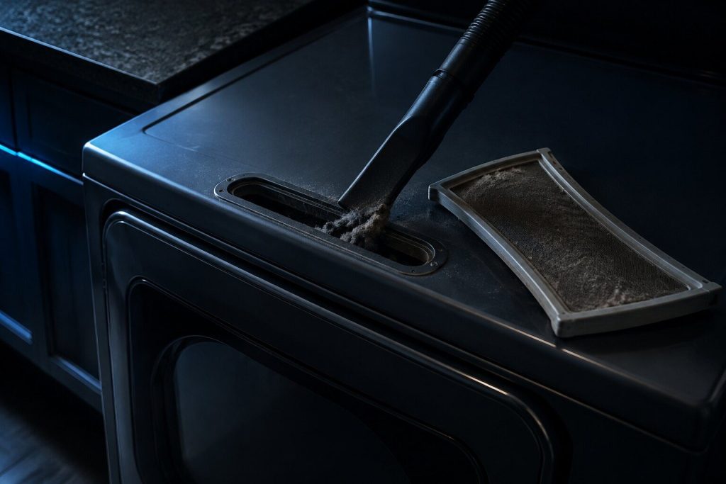A vacuum crevice tool pushed down into the empty lint screen slot of a dryer with the screen itself lying on the closed door beside the opening, grey lint drawn up around the mouth of the slot.