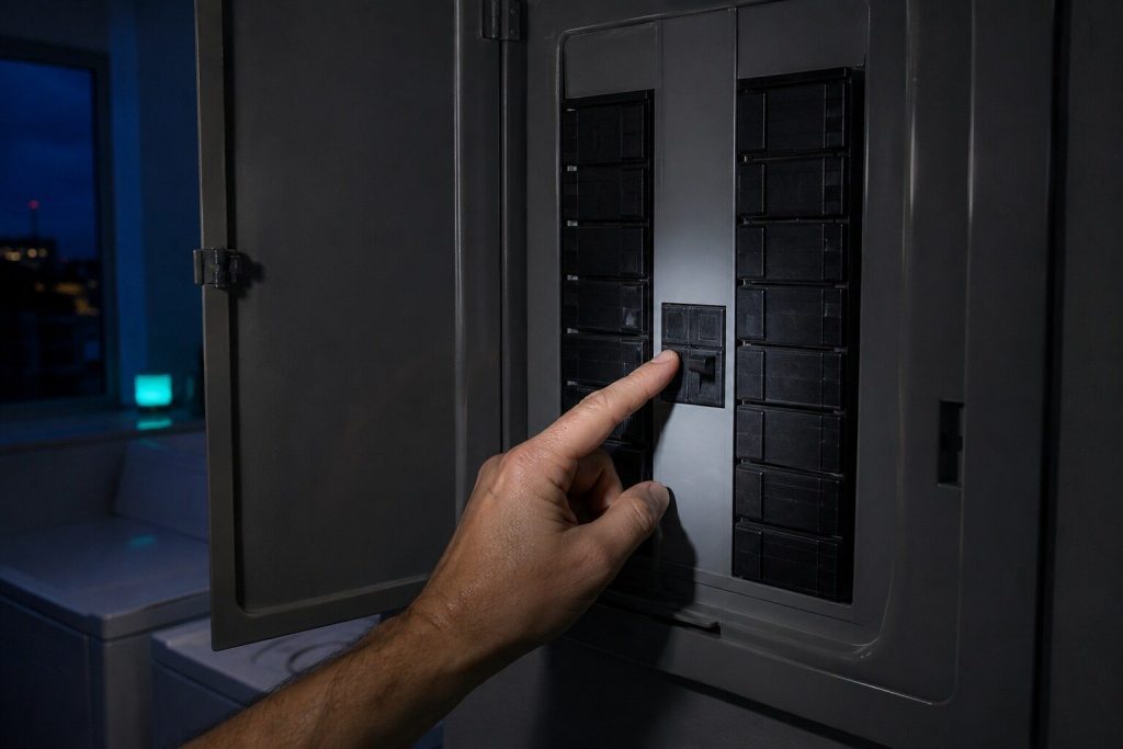 A finger switching a double-width breaker in a domestic panel with the cover open. An electric dryer tumbles on half a supply and heats on none, and the double breaker is where this page's first fork is settled.
