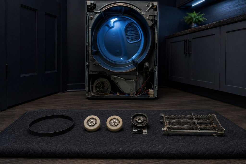 A drum belt, two rollers, an idler pulley and a coiled heating element laid out in a row on a dark folded blanket on a laundry room floor under one low lamp, the dryer standing open behind them.