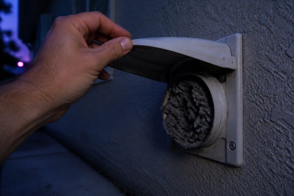 A hand holding open the hinged flap of a dryer vent on an exterior wall at dusk with packed grey lint visible in the duct behind. The one test this page insists on, photographed at the one place nobody looks.