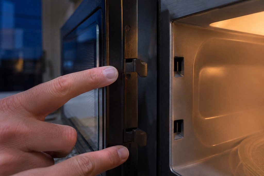 Fingers resting on the two plastic latch hooks along the edge of an open microwave door with the matching slots in the cavity frame beside them. The hooks are the part that wears, and this is the only safe thing to look at on this appliance.