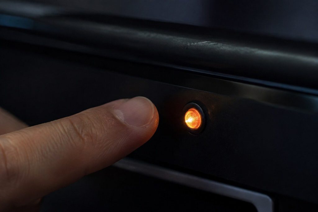 An extreme close-up of a single lit indicator lamp on a dark dishwasher fascia with a fingertip beside it, everything else black. One lamp, counted, which is the whole method this page teaches.