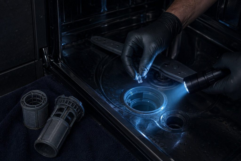 Gloved fingers lifting a small chip of clear glass out of the open sump of a dishwasher with both filters removed and lying on a towel beside the machine, a torch shining into the well from the side.