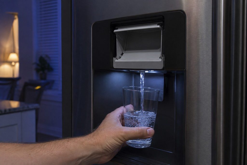 A hand holding a glass under a door dispenser with a clean stream running into it and the ice chute above standing open and dry. Water arriving at one outlet and not the other is the ten-second diagnostic this page opens with.