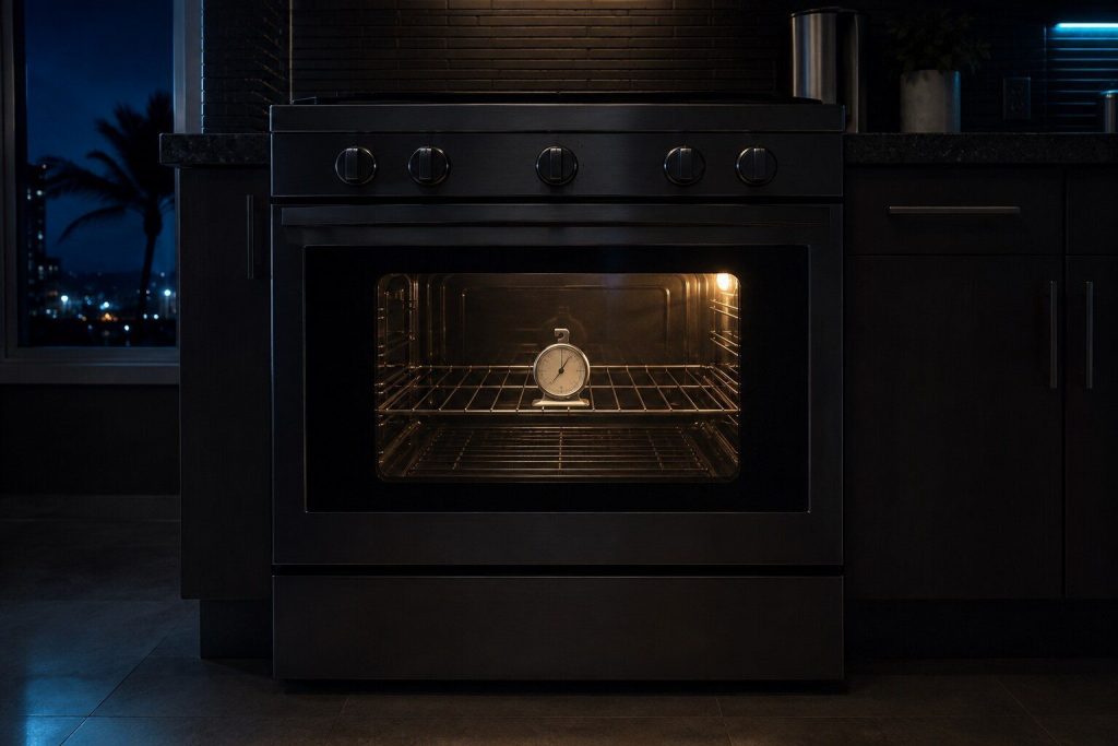 A dial oven thermometer standing alone in the middle of an empty rack, the door closed and the thermometer read through the glass. The measurement this whole page turns on, taken the way the page asks for it.