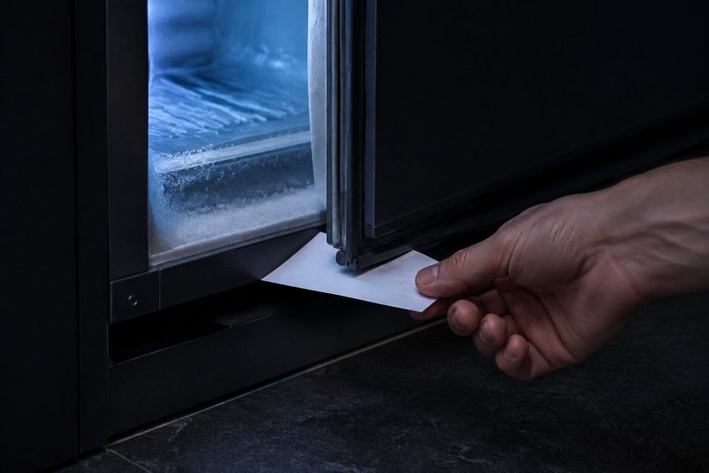 A slip of paper shut in the door of a freezer at the bottom corner and being drawn out between the gasket and the frame with two fingers, coming away with no resistance, frost visible on the shelf inside.