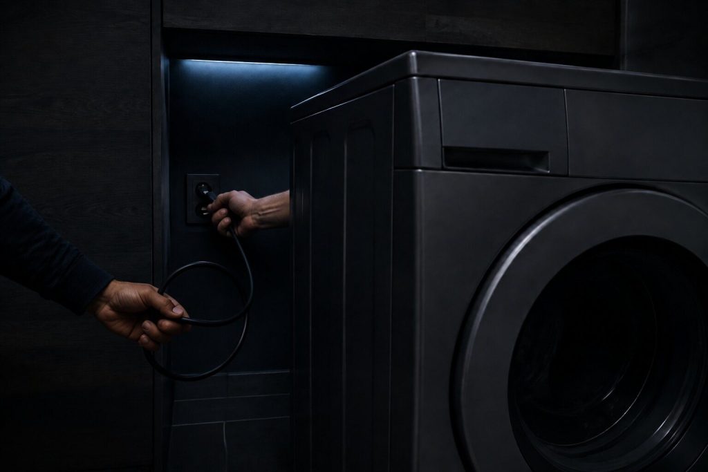 A hand drawing an appliance plug out of a wall outlet behind a washing machine that has been pulled forward, the cable slack in the other hand, the laundry closet dark and the machine's panel unlit.