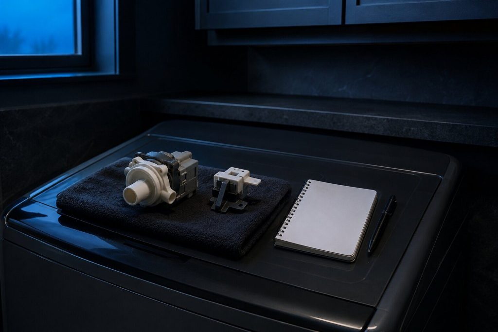 A drain pump and a lid lock switch lying side by side on a folded towel on the lid of a closed top-load washing machine in a dim laundry room, a notepad and pen beside them with nothing written.