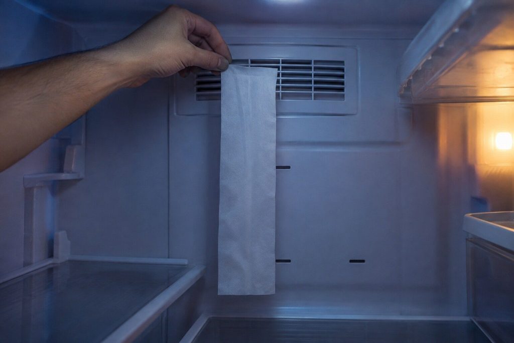 A strip of tissue held in front of the vent grille in the back wall of a fresh food compartment, hanging straight down and not lifting. Cold is being made and is not arriving, proved with a piece of paper.