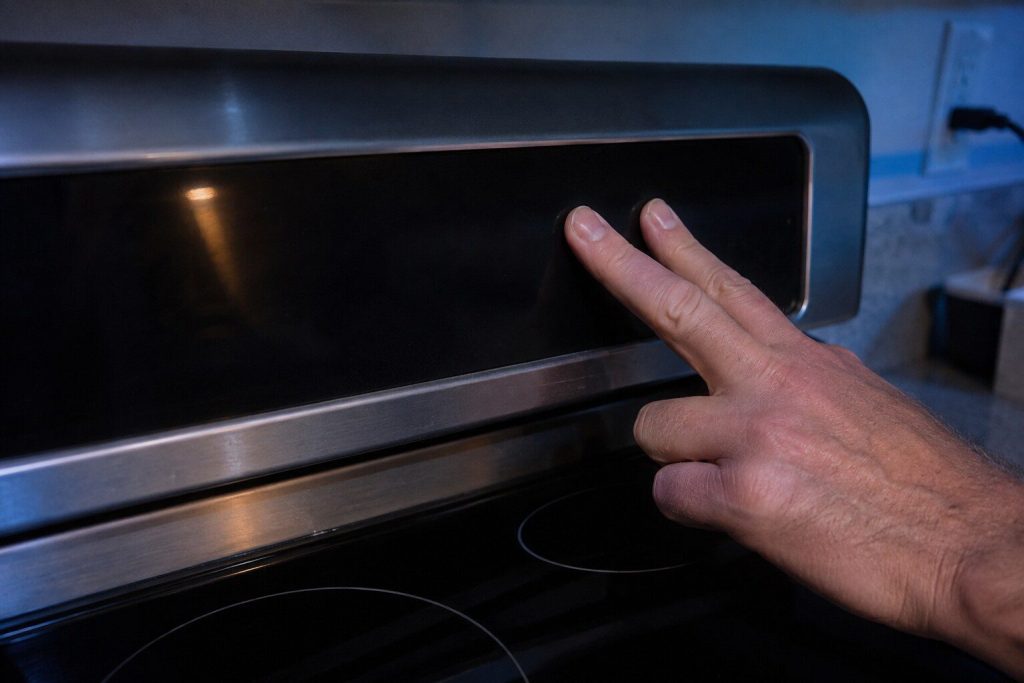 Two fingers pressed and held on a pair of unmarked touch controls at the end of an oven's control strip, nothing lit under them. Control lock is held rather than tapped, which is the first thing this page corrects.