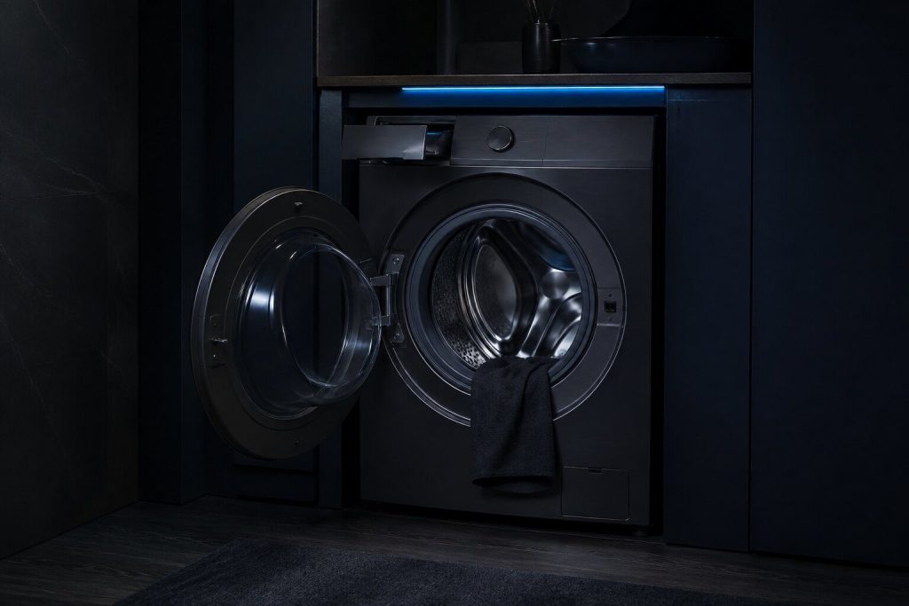 A front-load washing machine in a dark laundry closet with its door left standing open on an empty drum and the detergent drawer pulled slightly out, a folded cloth over the lip of the boot gasket, the room dark and still.