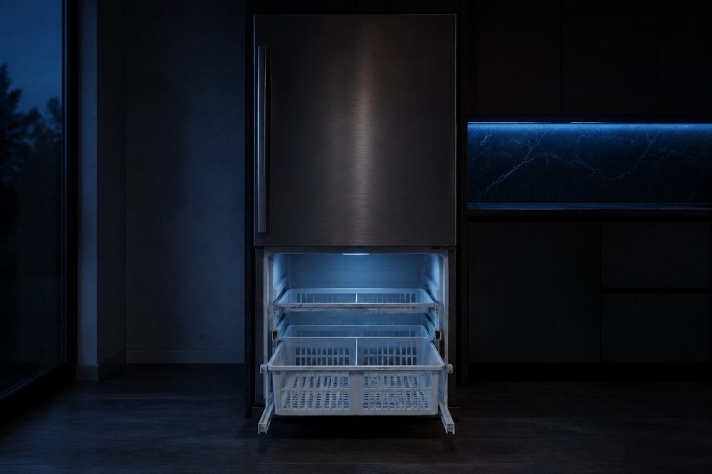 A bottom-freezer refrigerator with its freezer drawer pulled fully out on both baskets, the empty bay and its rails visible above them.