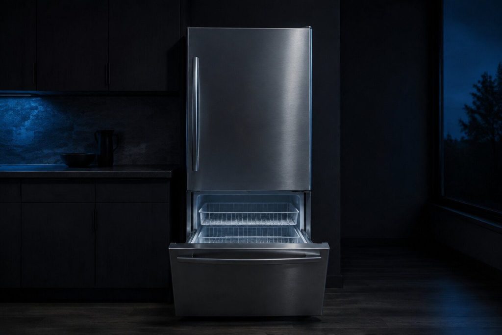 A bottom-freezer refrigerator with its lower freezer drawer drawn half out on its rails showing two empty wire baskets, the fresh-food door above it closed.