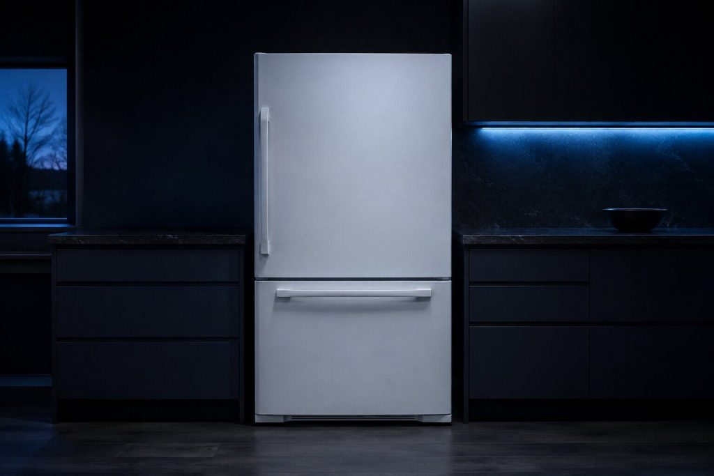A white refrigerator with one wide fresh-food door above a single freezer drawer, both closed, standing between two runs of dark base cabinets.