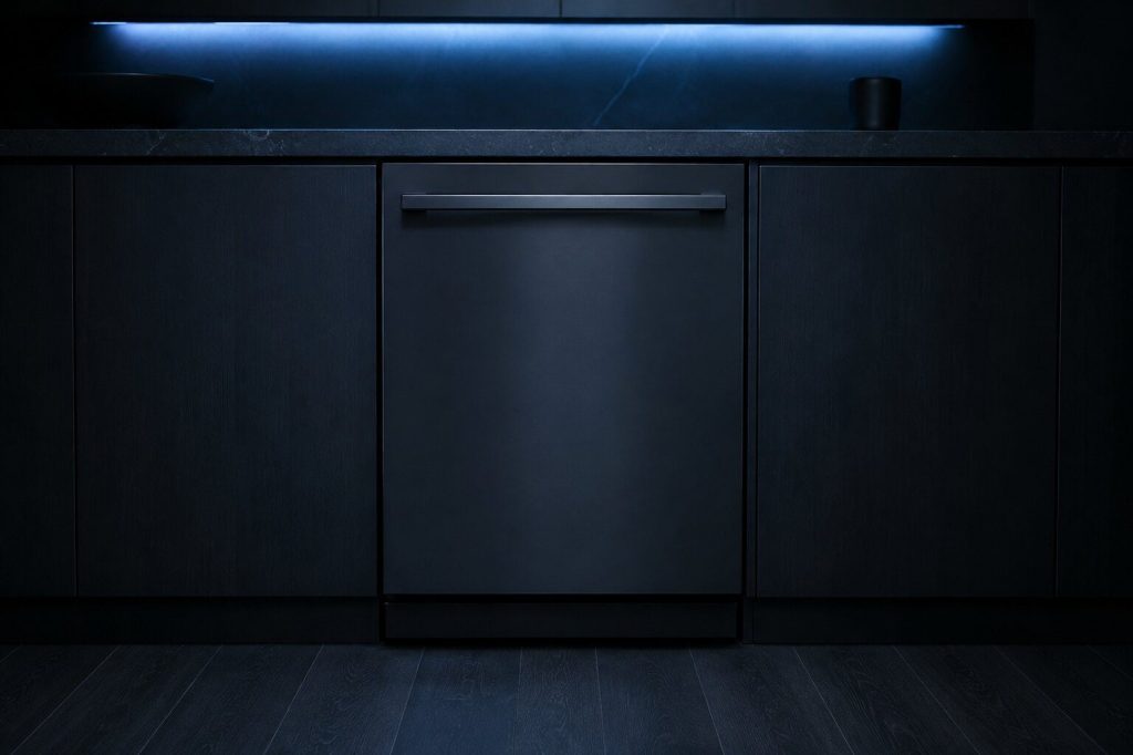 A built-in dishwasher sitting flush in a run of near-black base cabinets with its door closed and a plain unmarked handle across the top.