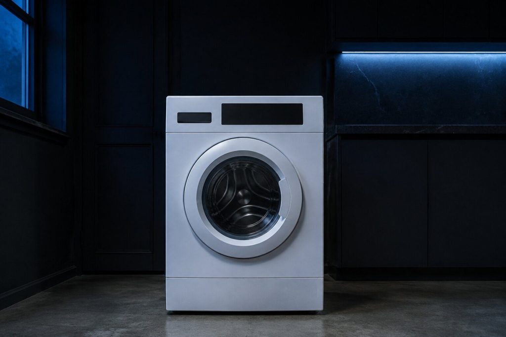 A heavy full-size white front-load washing machine standing square on a bare concrete floor in a shared laundry room, its door closed and its plinth panel plain.