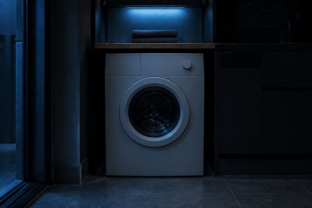 A compact front-load washing machine standing under a wooden shelf in a narrow utility run, its door closed and a folded towel on the shelf above.