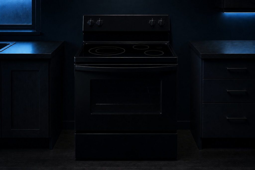 A dark-fronted freestanding electric range in a near-black kitchen, one large dual-ring radiant zone outlined on its smooth black top and three smaller zones beside it.