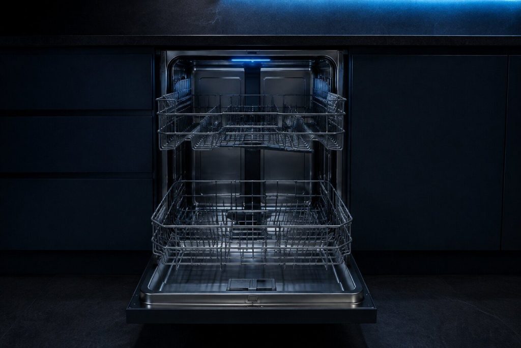A dishwasher standing open with both racks drawn right out and completely empty, the depth of the tall tub visible between them.