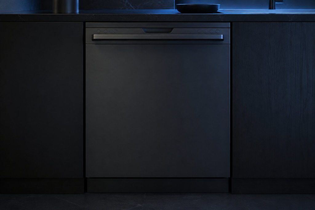 The front of a built-in dishwasher seen close, its control strip and long handle running across the top of the door, everything unmarked, the dark kitchen behind.