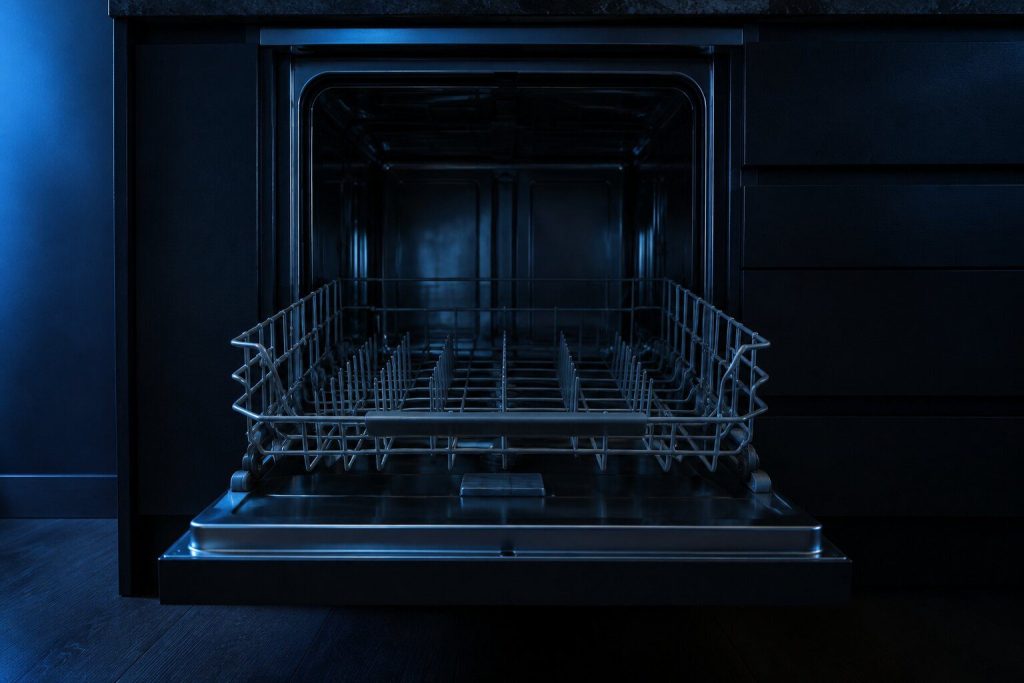 The empty lower rack of a dishwasher rolled halfway out, seen low along its rows of plastic tines, the tub dark behind.