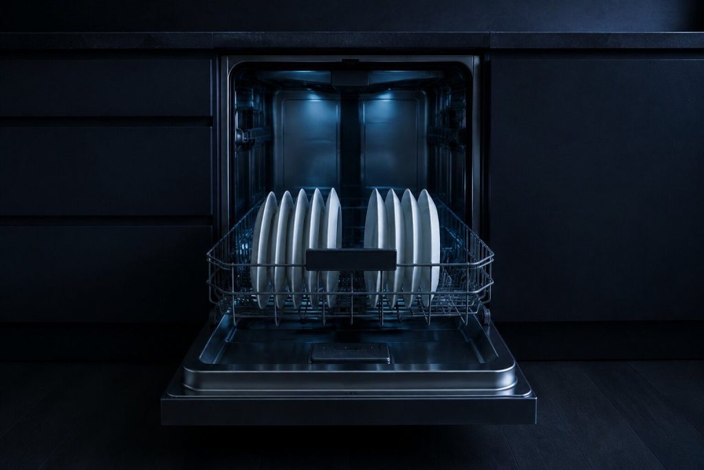 Plain white plates standing on edge between the tines of a dishwasher's lower rack, the rack drawn out and the tub behind it dark.