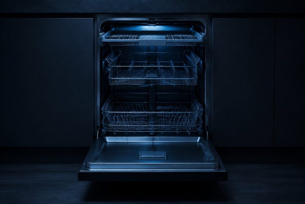 A slim third cutlery rack rolled out above the upper rack of an open dishwasher, all three racks empty and the tub dark.
