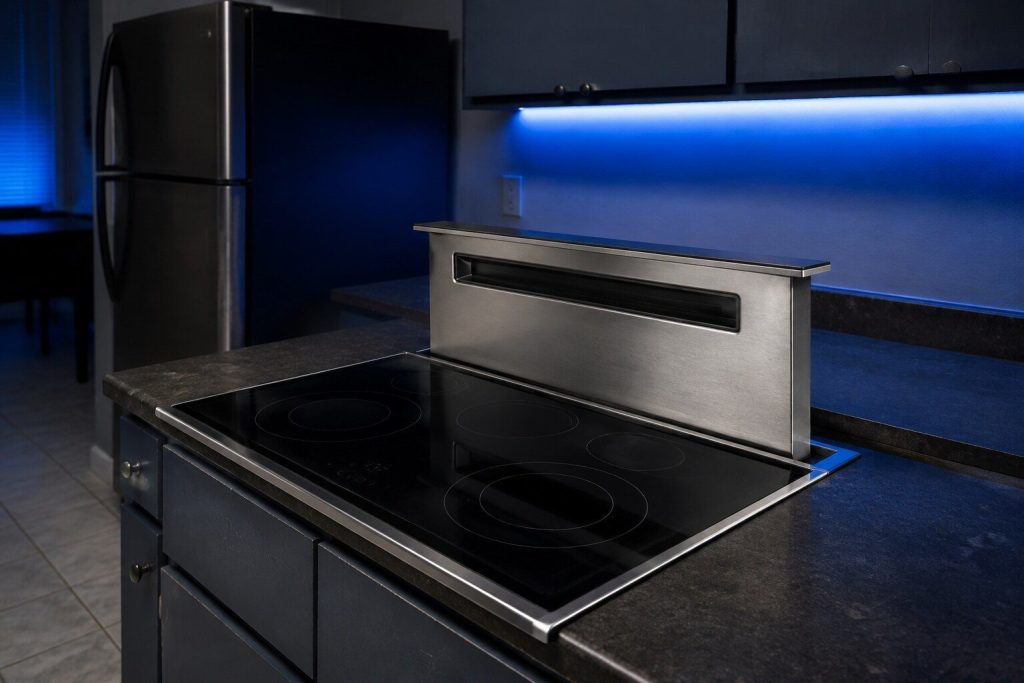A downdraft vent risen out of a kitchen counter behind a cooktop