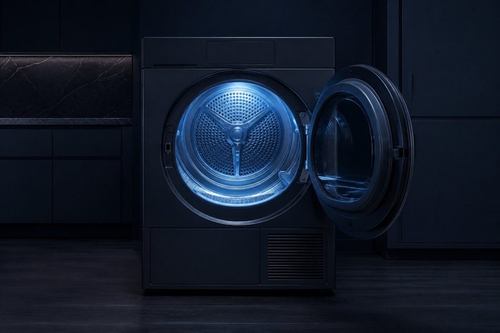 The lit empty drum of a front-load dryer seen through its wide open door, the two moisture sensor strips just inside the opening catching the light.