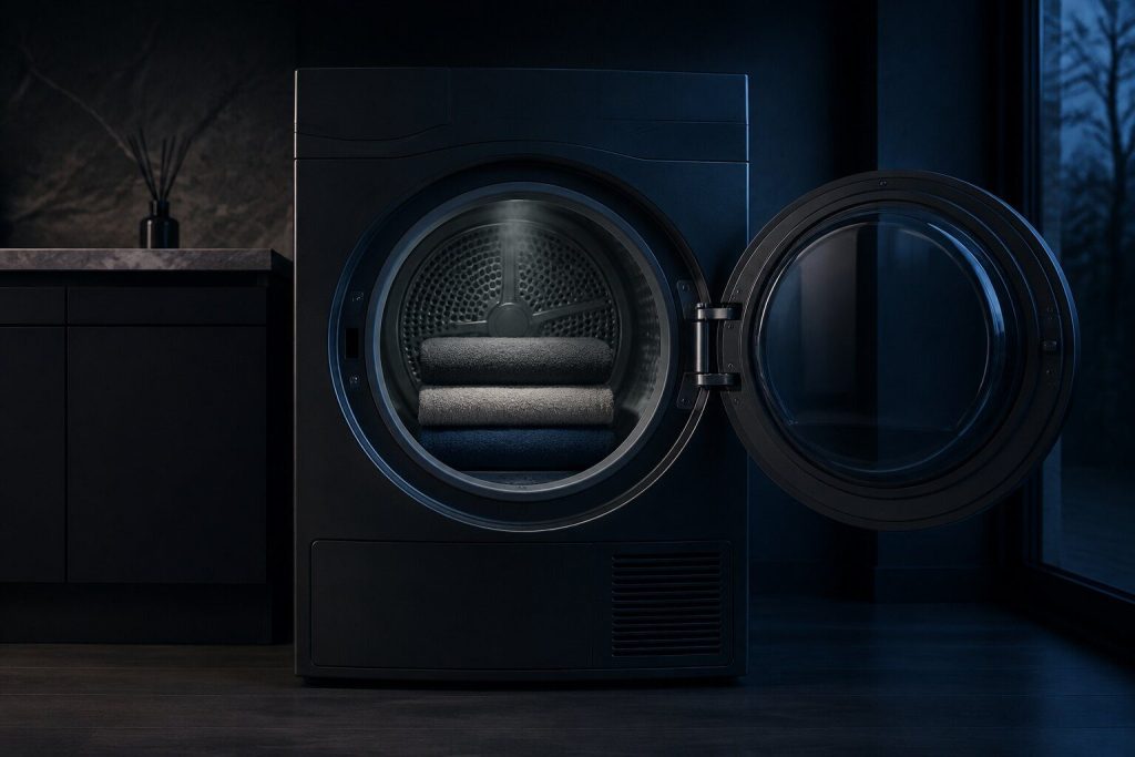 The open drum of a front-load dryer holding three folded towels at the end of a cycle, faint haze in the air above them, the door swung wide.