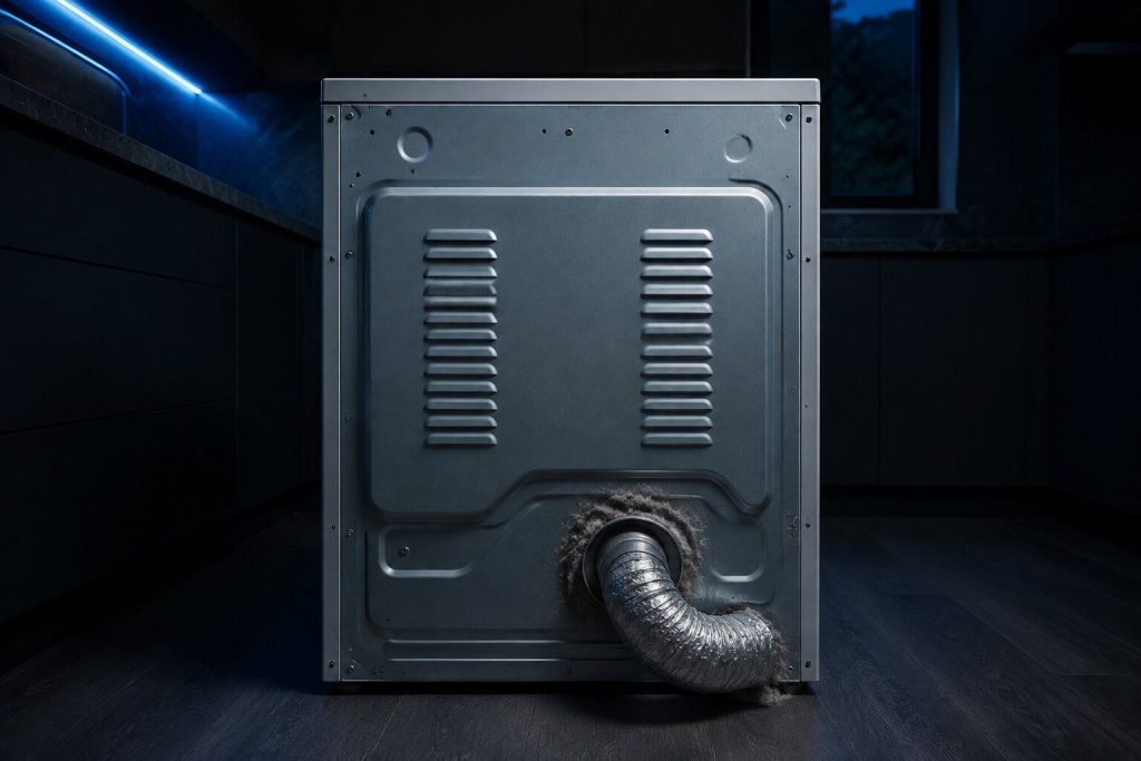 The round duct outlet at the back of a dryer pulled forward from a wall, a foil elbow half-connected to it and a ring of packed lint around the collar.