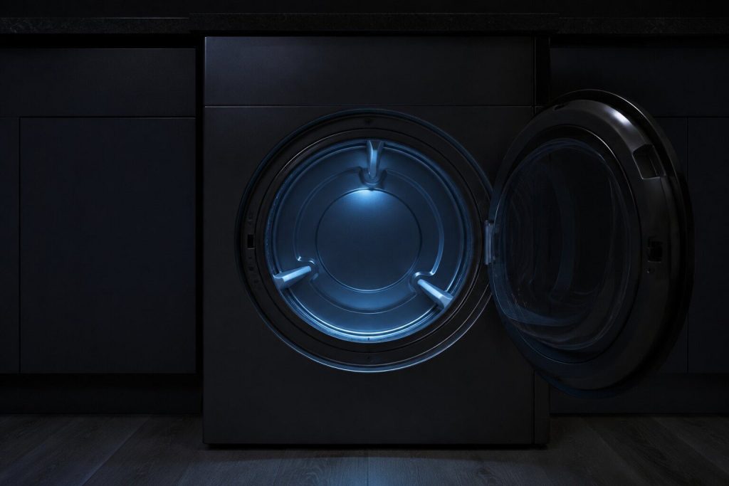 The open drum of an electric dryer seen straight into, empty, the three lifting vanes on the wall catching one cold light.