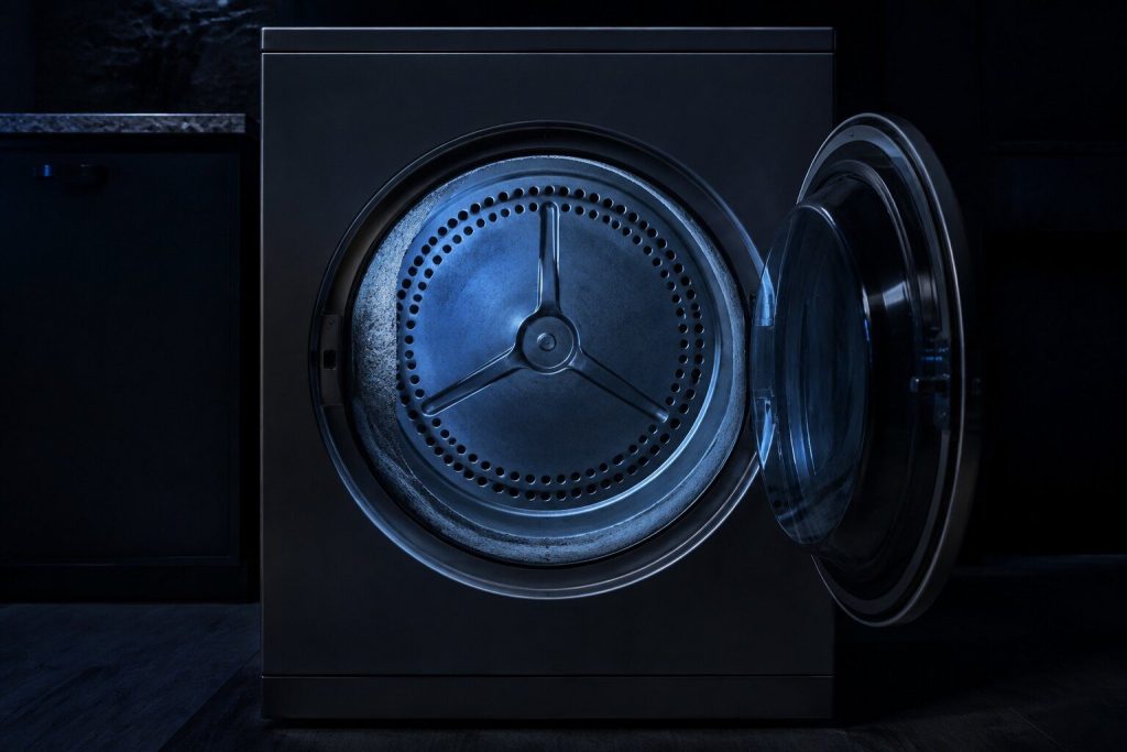 The rear bulkhead of a dryer drum seen through the open door, its ring of air holes and the felt seal around the rim catching one raking light.