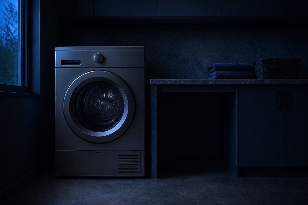 A front-load dryer with a large round glass window in its door, closed, standing beside a folding counter in a dim laundry room.