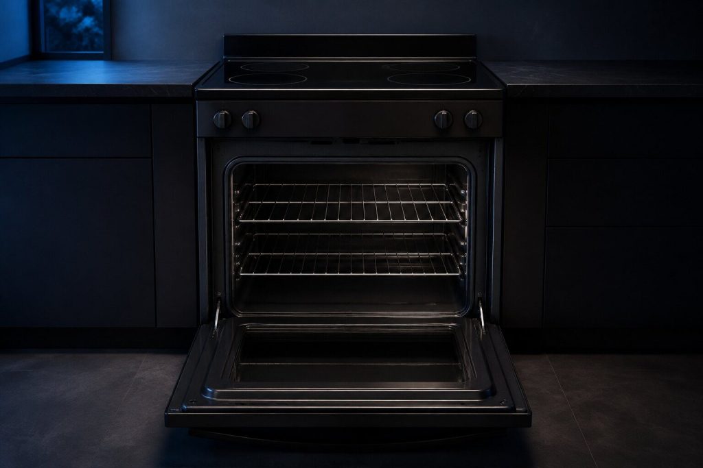 A freestanding electric range with its oven door open flat on an empty cavity carrying two wire racks, the smooth black top above it unlit.